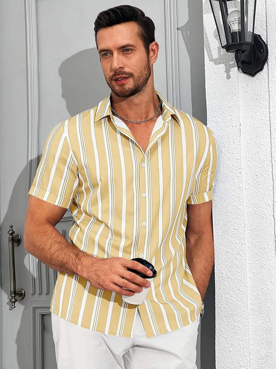 Runcati Mens Casual Striped Shirts Button Down Short Sleeve Summer Hawaiian Shirt Hippie Beach Vacation Tops