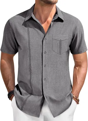 Runcati Mens Cuban Guayabera Shirts Button Down Short Sleeve Shirt Casual Linen Summer Beach Vacation Hippie Tops