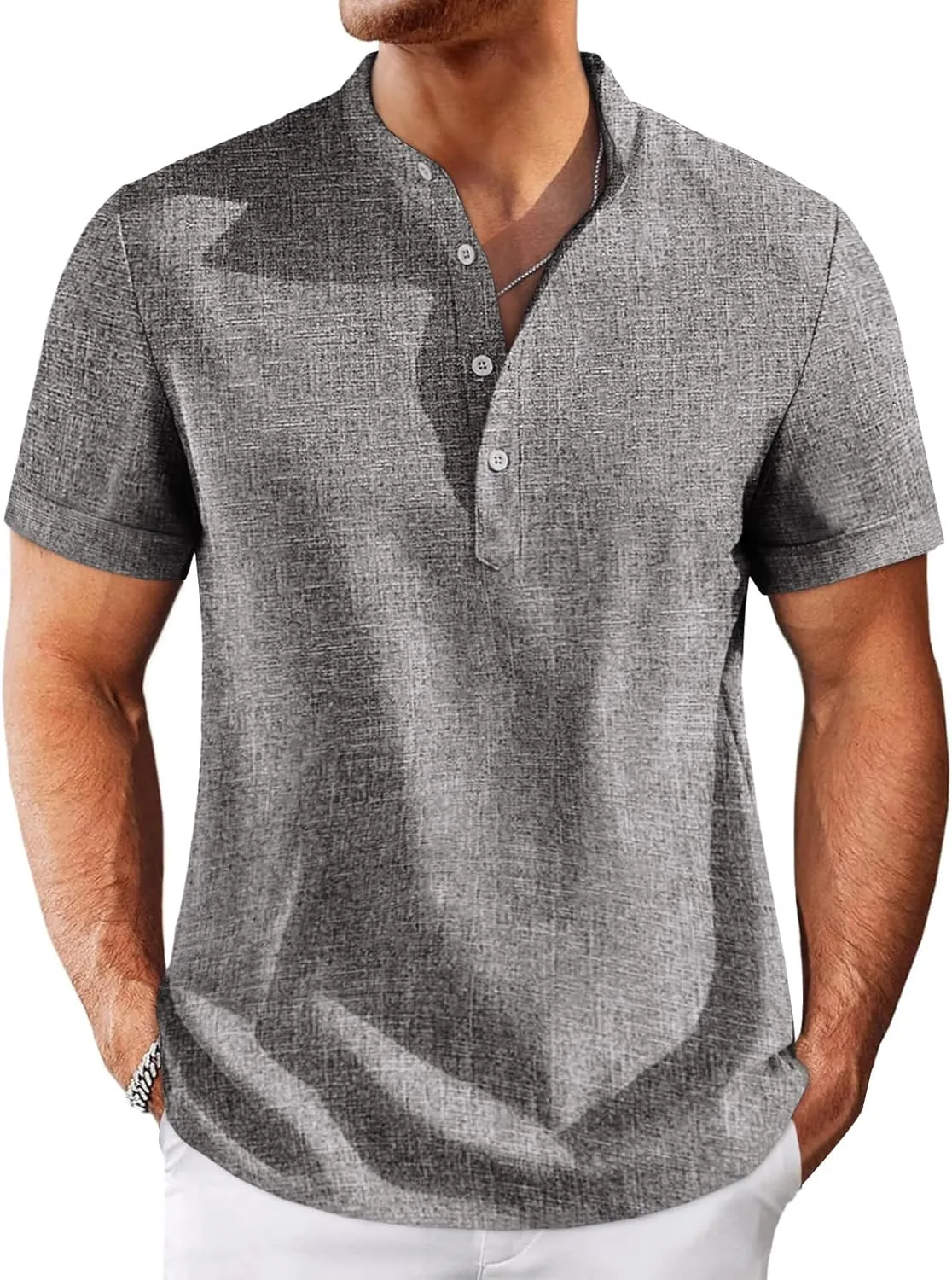 Runcati Mens Henley Shirts Short Sleeve Casual Linen Band Collar T-Shirt Summer Beach Vacation Tops