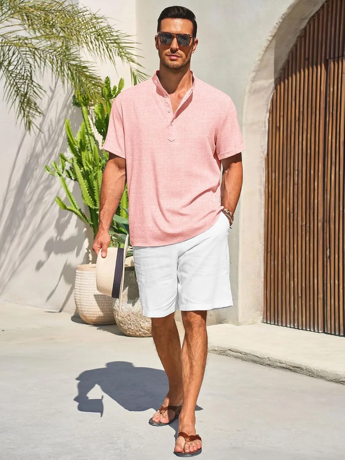 Runcati Mens Henley Shirts Short Sleeve Casual Linen Band Collar T-Shirt Summer Beach Vacation Tops
