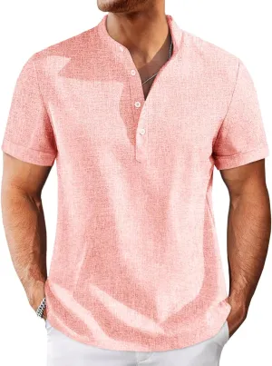 Runcati Mens Henley Shirts Short Sleeve Casual Linen Band Collar T-Shirt Summer Beach Vacation Tops