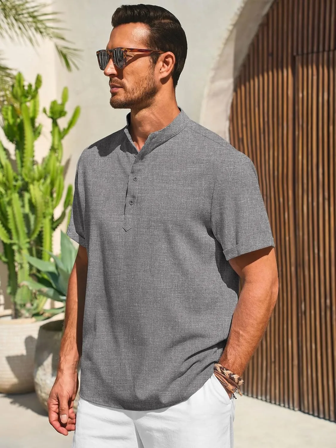 Runcati Mens Henley Shirts Short Sleeve Casual Linen Band Collar T-Shirt Summer Beach Vacation Tops