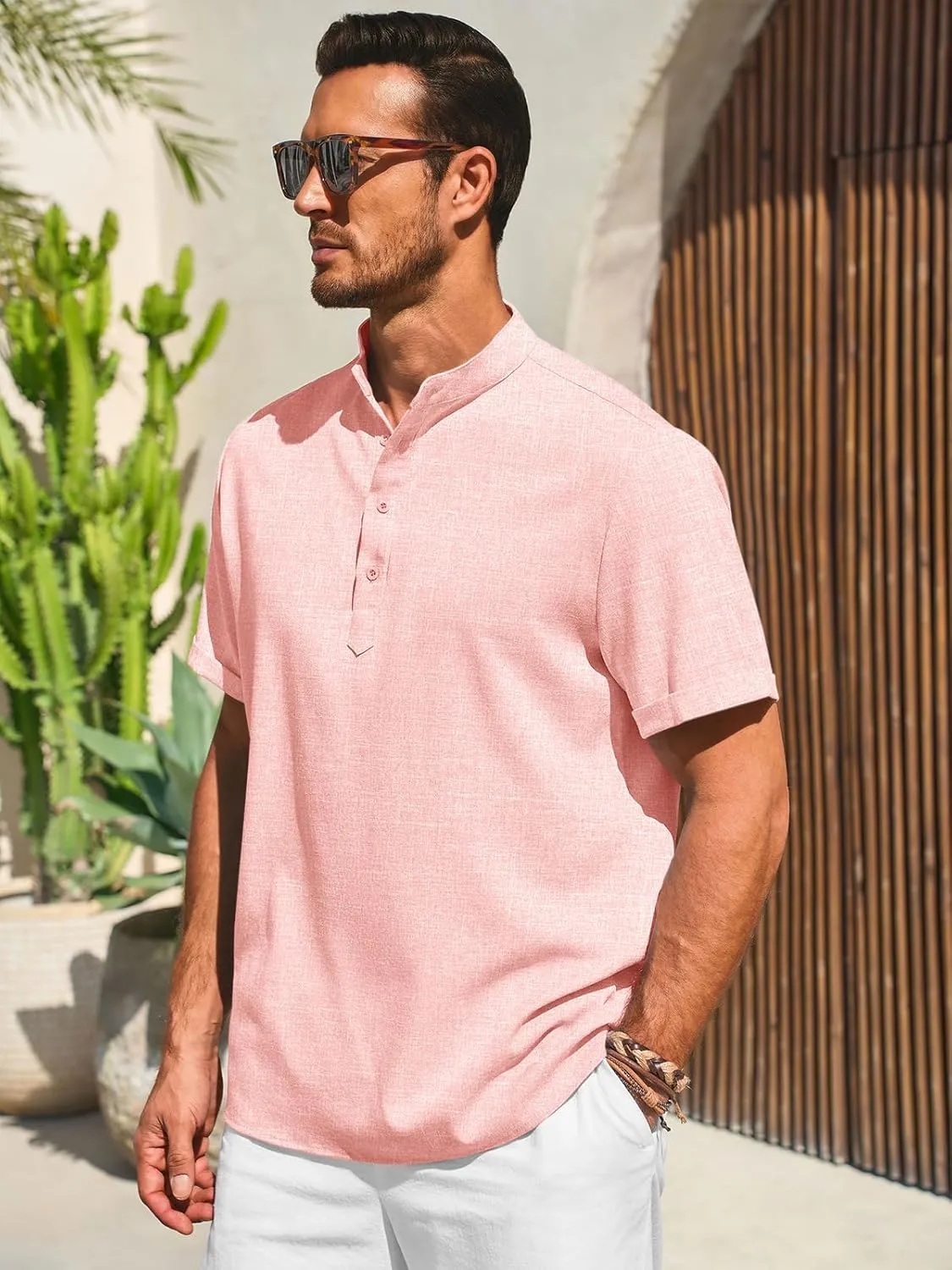 Runcati Mens Henley Shirts Short Sleeve Casual Linen Band Collar T-Shirt Summer Beach Vacation Tops
