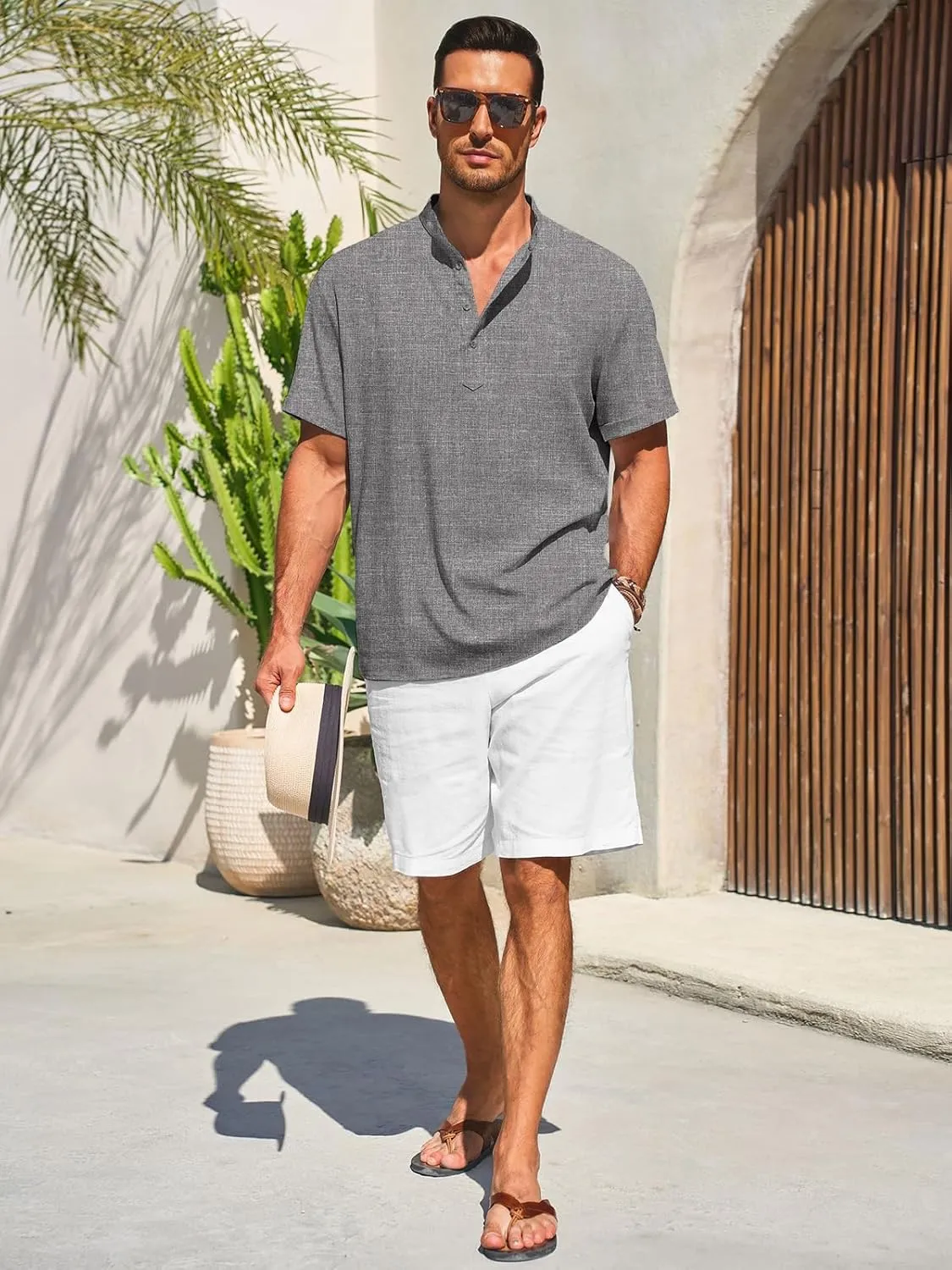 Runcati Mens Henley Shirts Short Sleeve Casual Linen Band Collar T-Shirt Summer Beach Vacation Tops
