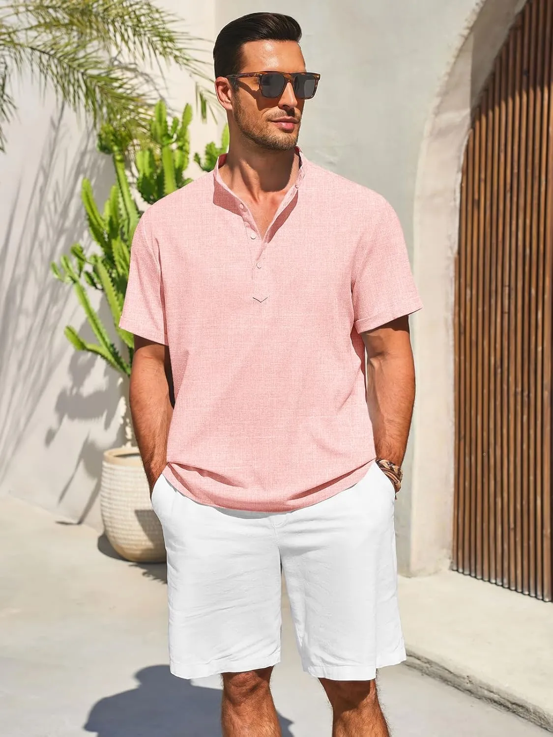 Runcati Mens Henley Shirts Short Sleeve Casual Linen Band Collar T-Shirt Summer Beach Vacation Tops