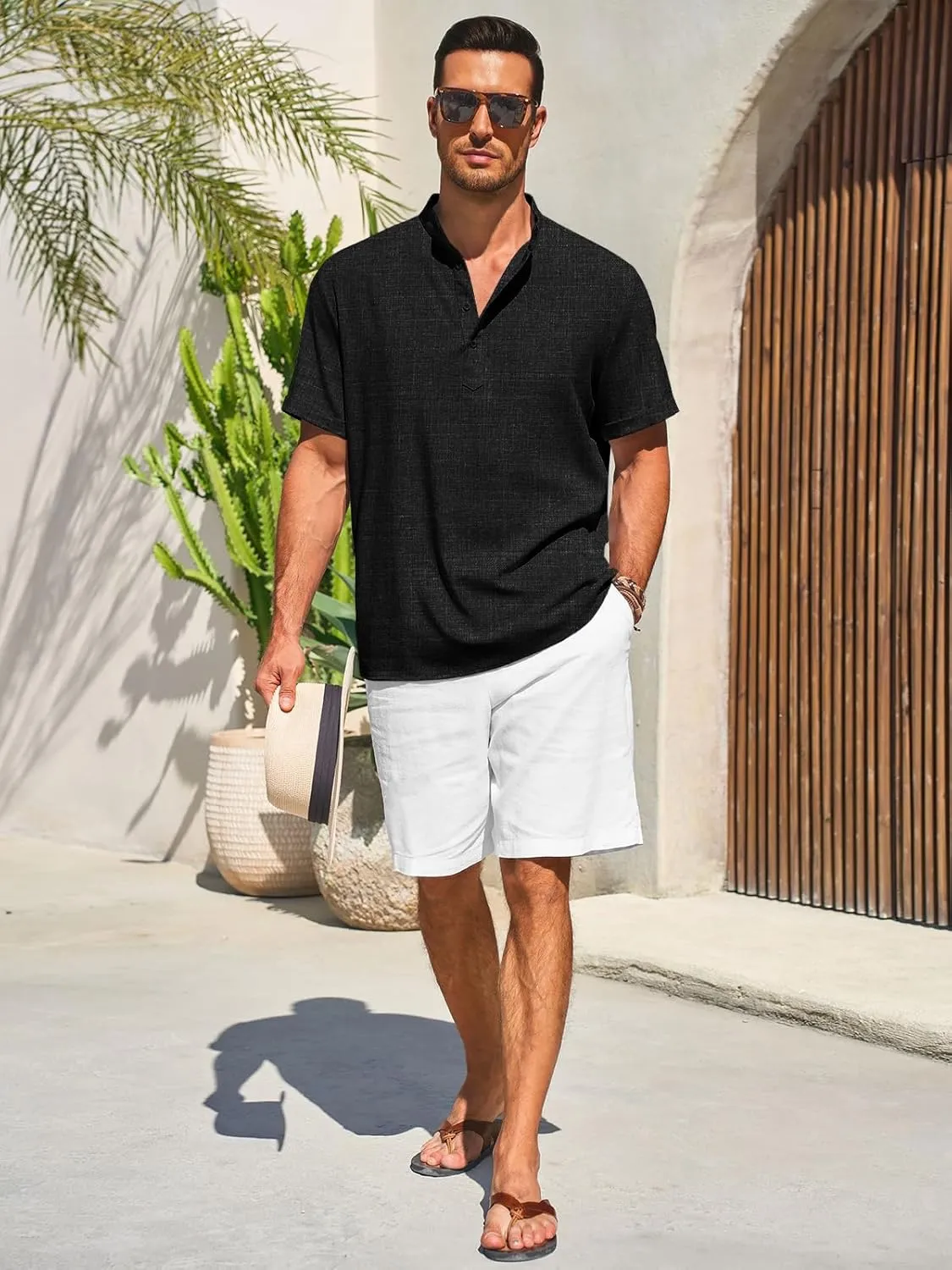 Runcati Mens Henley Shirts Short Sleeve Casual Linen Band Collar T-Shirt Summer Beach Vacation Tops