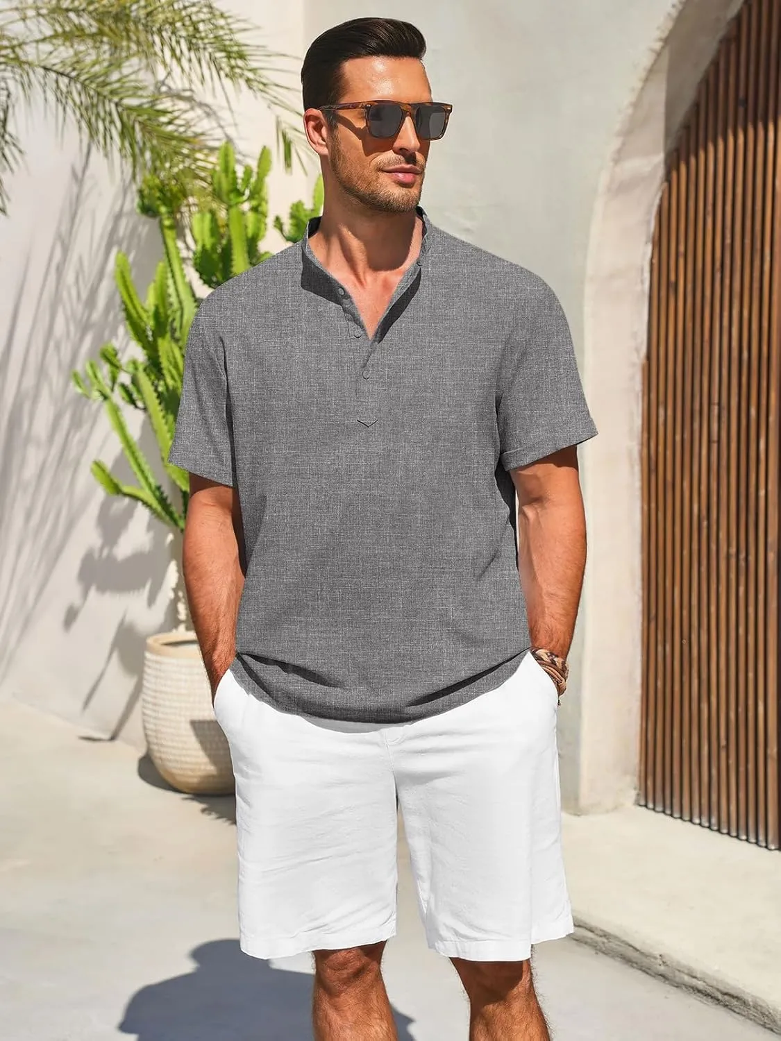 Runcati Mens Henley Shirts Short Sleeve Casual Linen Band Collar T-Shirt Summer Beach Vacation Tops