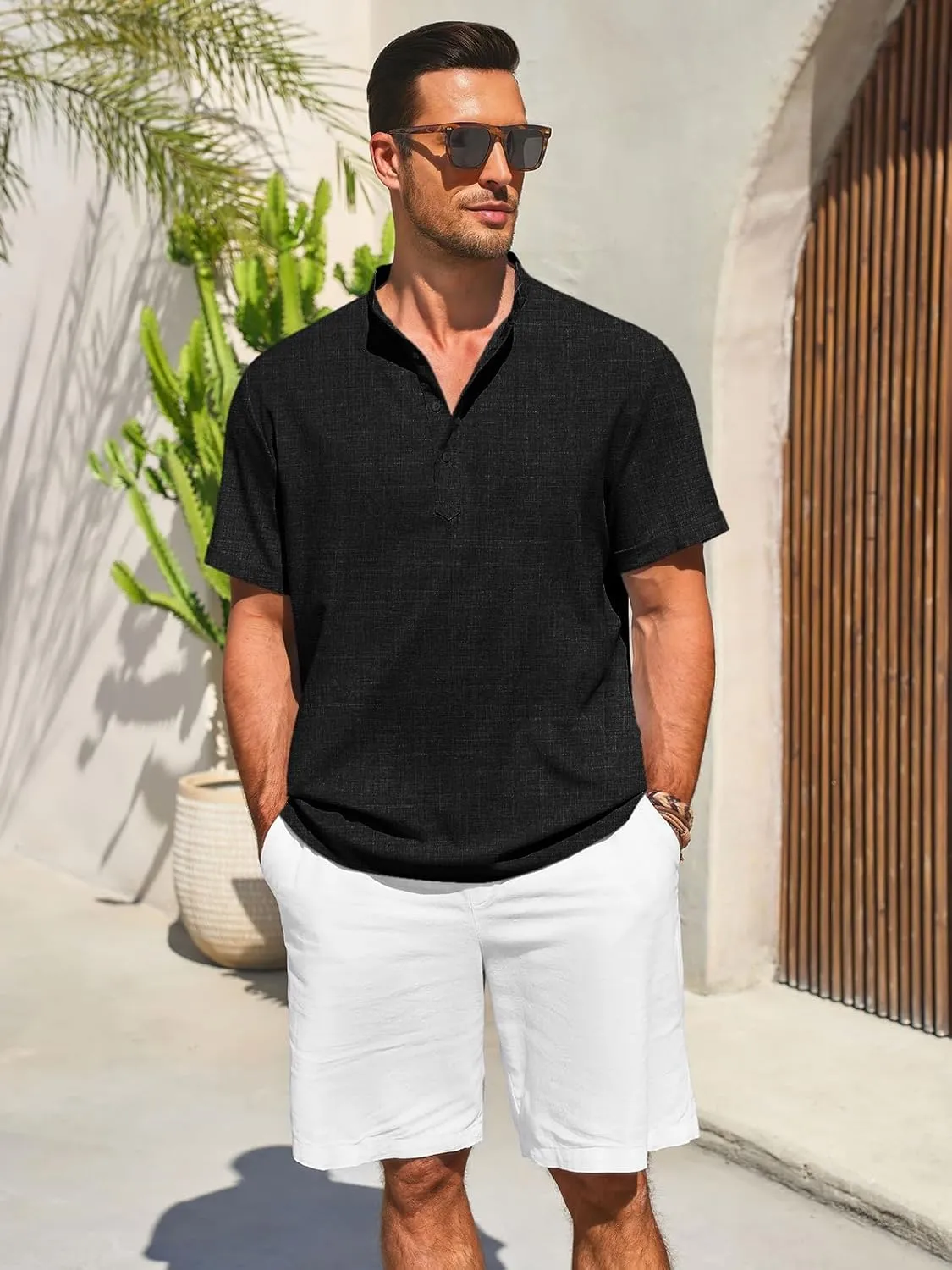 Runcati Mens Henley Shirts Short Sleeve Casual Linen Band Collar T-Shirt Summer Beach Vacation Tops