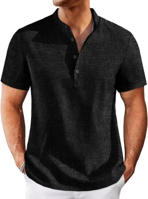 Runcati Mens Henley Shirts Short Sleeve Casual Linen Band Collar T-Shirt Summer Beach Vacation Tops