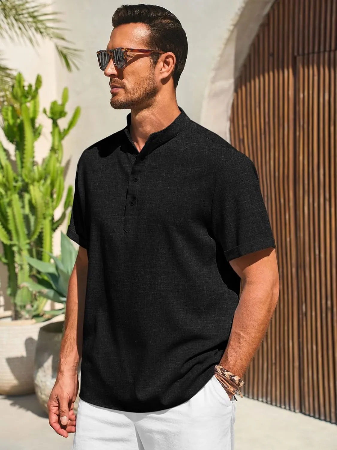 Runcati Mens Henley Shirts Short Sleeve Casual Linen Band Collar T-Shirt Summer Beach Vacation Tops