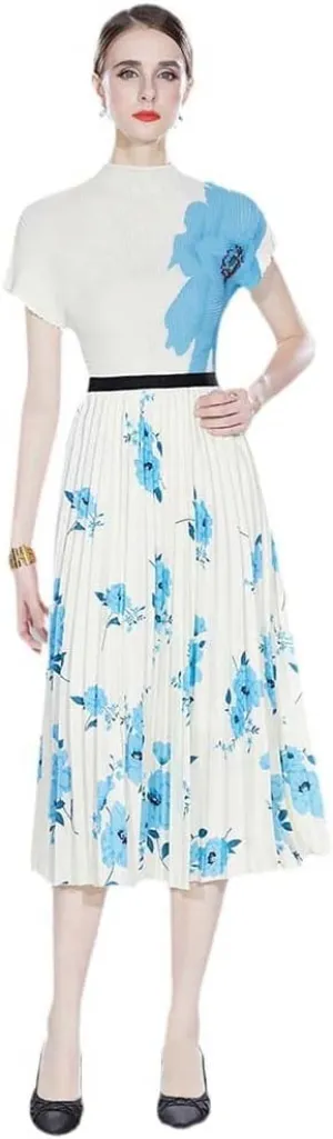 Runway Two Piece Skirt Suit Women Stretchy Pullover Tops   Midi Pleated A Line Skirts Lady Summer