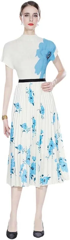 Runway Two Piece Skirt Suit Women Stretchy Pullover Tops   Midi Pleated A Line Skirts Lady Summer