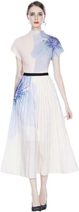 Runway Two Piece Skirt Suit Women Stretchy Pullover Tops   Midi Pleated A Line Skirts Lady Summer