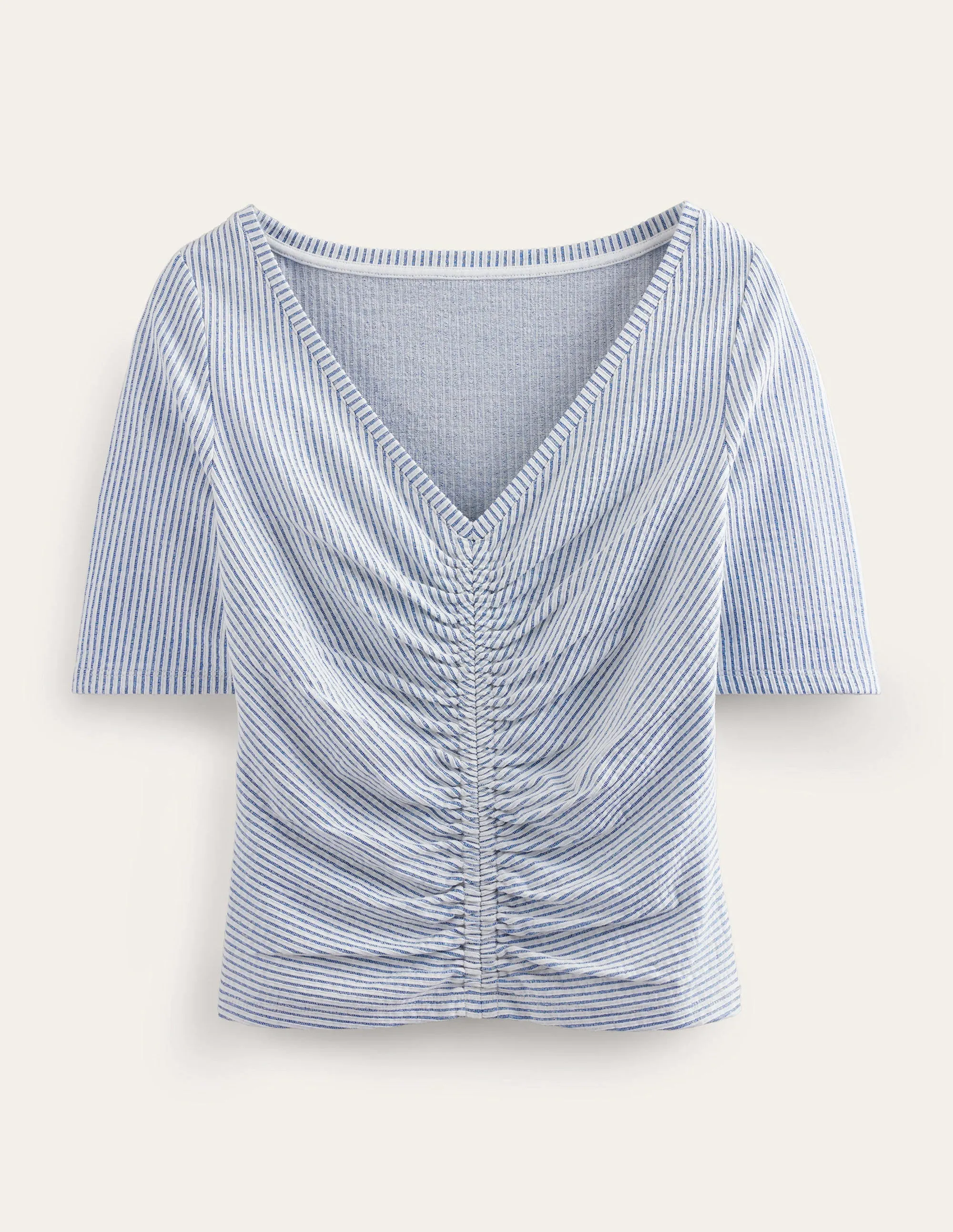 Seersucker Ruched Front Top-Navy/White Stripe