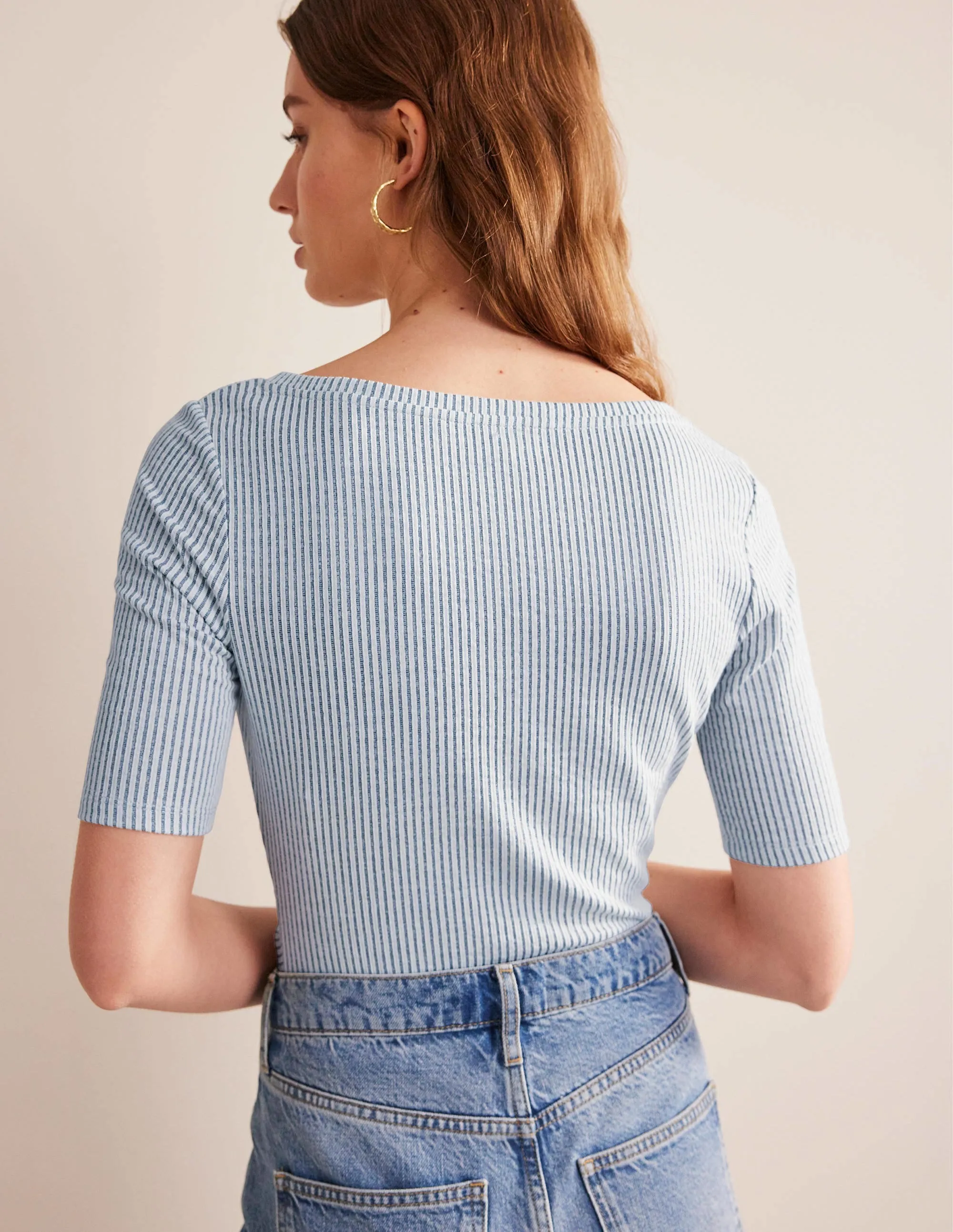 Seersucker Ruched Front Top-Navy/White Stripe