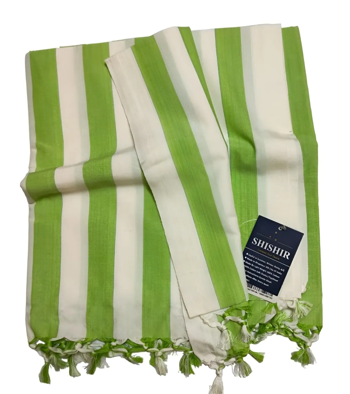 SHISHIR Craft Store Pure Bhagalpuri 100% Cotton Thin Blanket for Light Weight Top Sheet Odhne wali chadar | AC and Rainy Season | Travelling |Quick Absorption & Faster Drying (Green White)