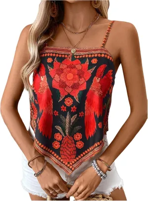 SOLY HUX Women's Floral Print Camisole Top Square Neck Spaghetti Strap Asymmetrical Hem Boho Vacation Tops