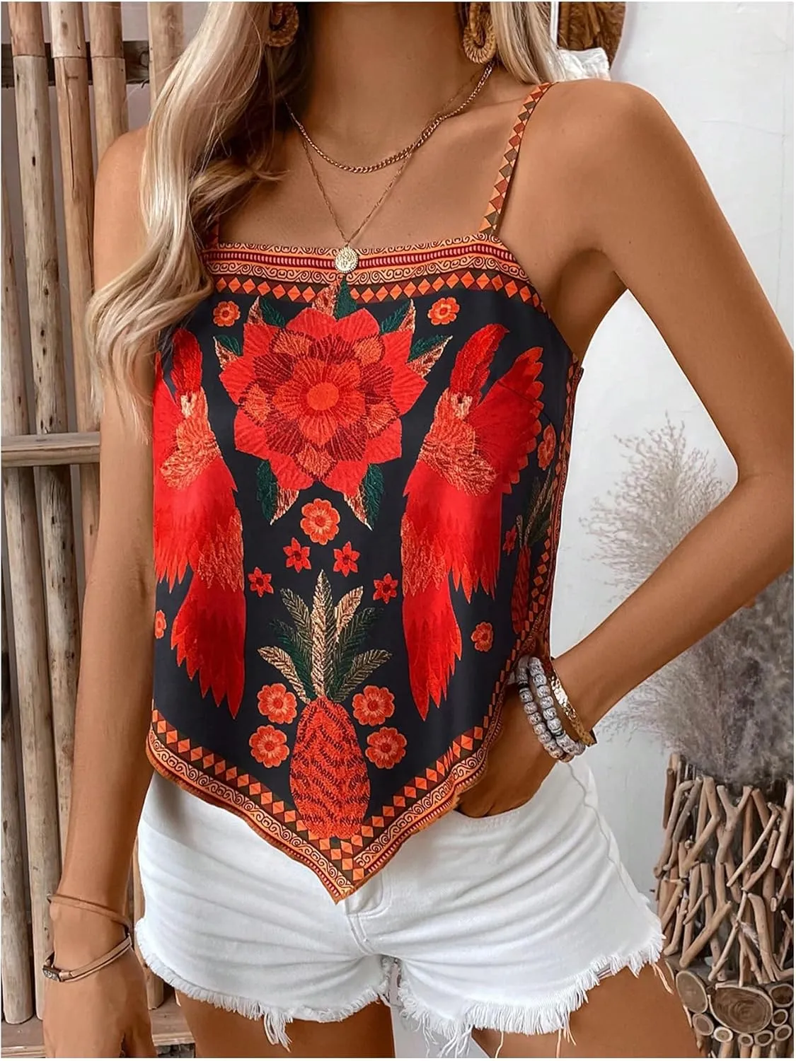 SOLY HUX Women's Floral Print Camisole Top Square Neck Spaghetti Strap Asymmetrical Hem Boho Vacation Tops