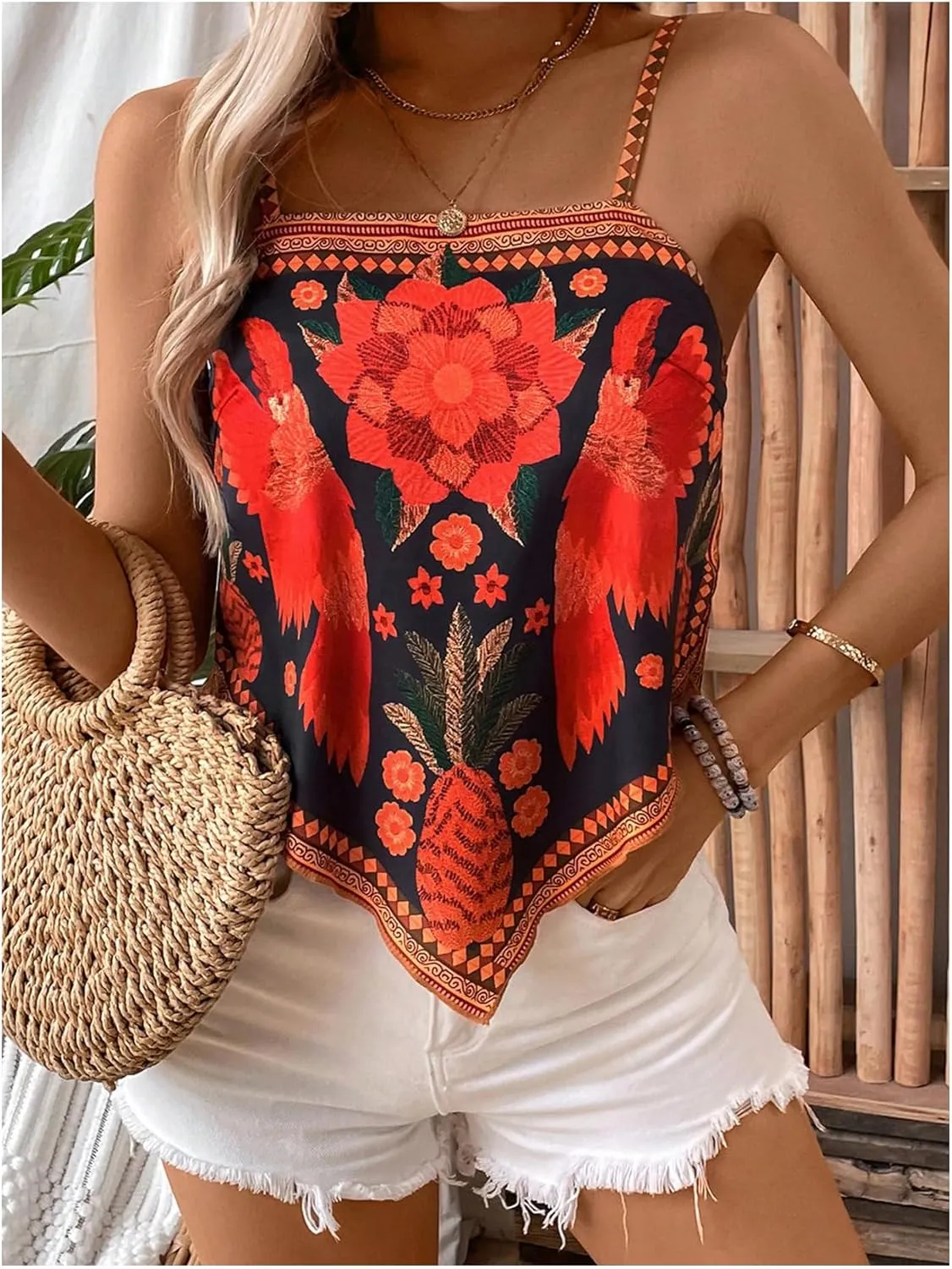 SOLY HUX Women's Floral Print Camisole Top Square Neck Spaghetti Strap Asymmetrical Hem Boho Vacation Tops