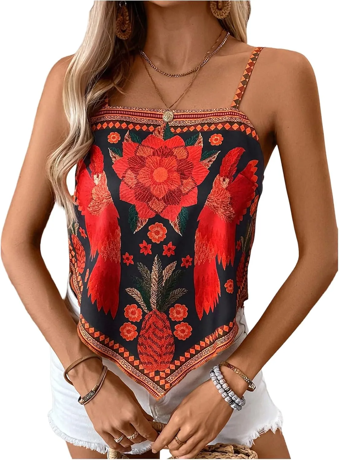 SOLY HUX Women's Floral Print Camisole Top Square Neck Spaghetti Strap Asymmetrical Hem Boho Vacation Tops