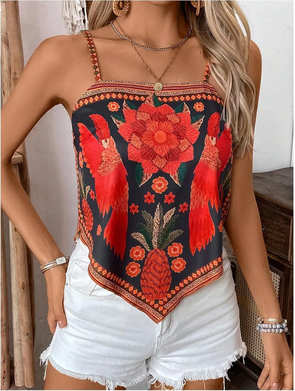 SOLY HUX Women's Floral Print Camisole Top Square Neck Spaghetti Strap Asymmetrical Hem Boho Vacation Tops