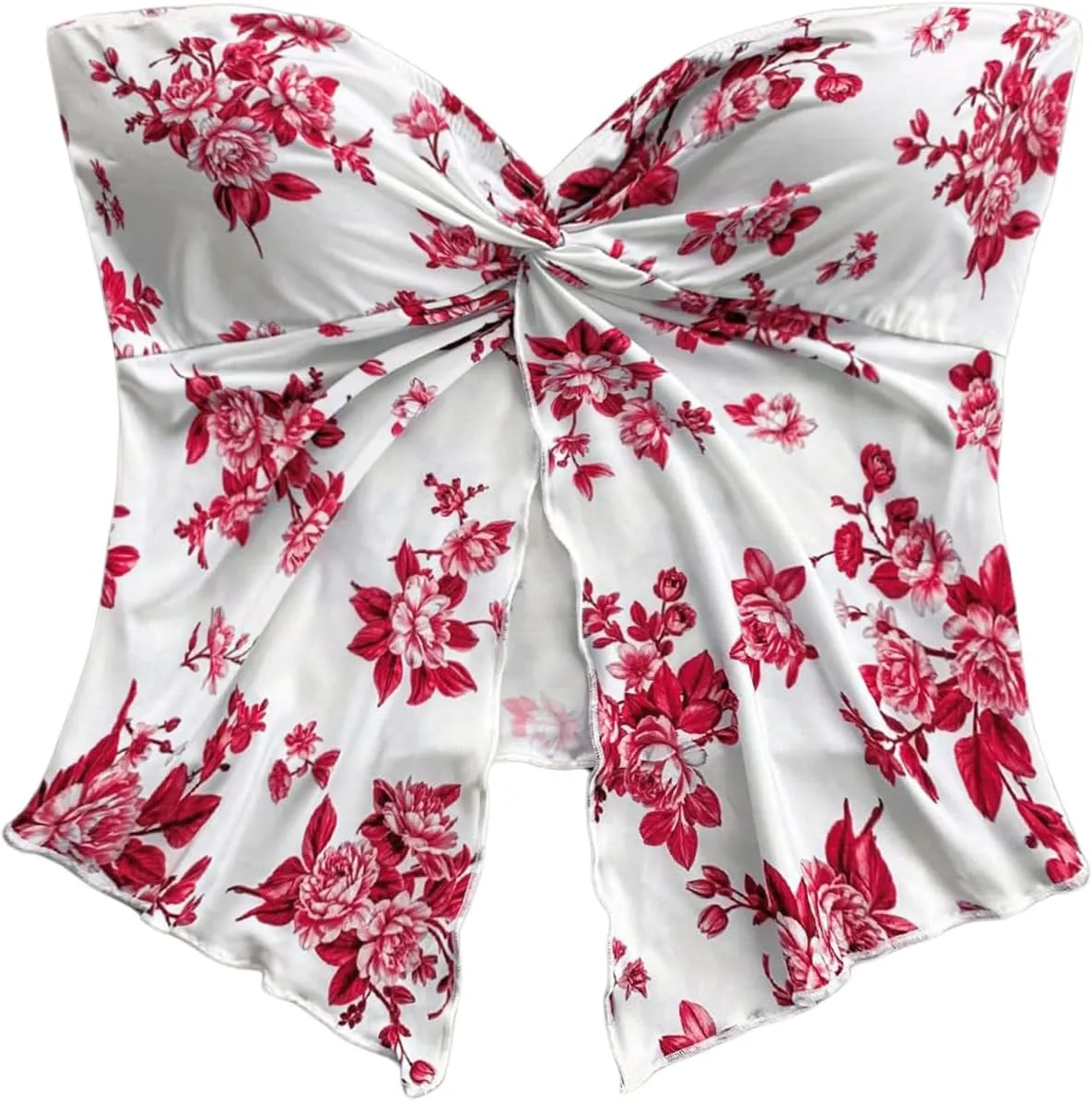 SOLY HUX Women's Floral Print Twist Split Tube Crop Top Strapless Sleeveless Asymmetrical Hem Vacation Tops