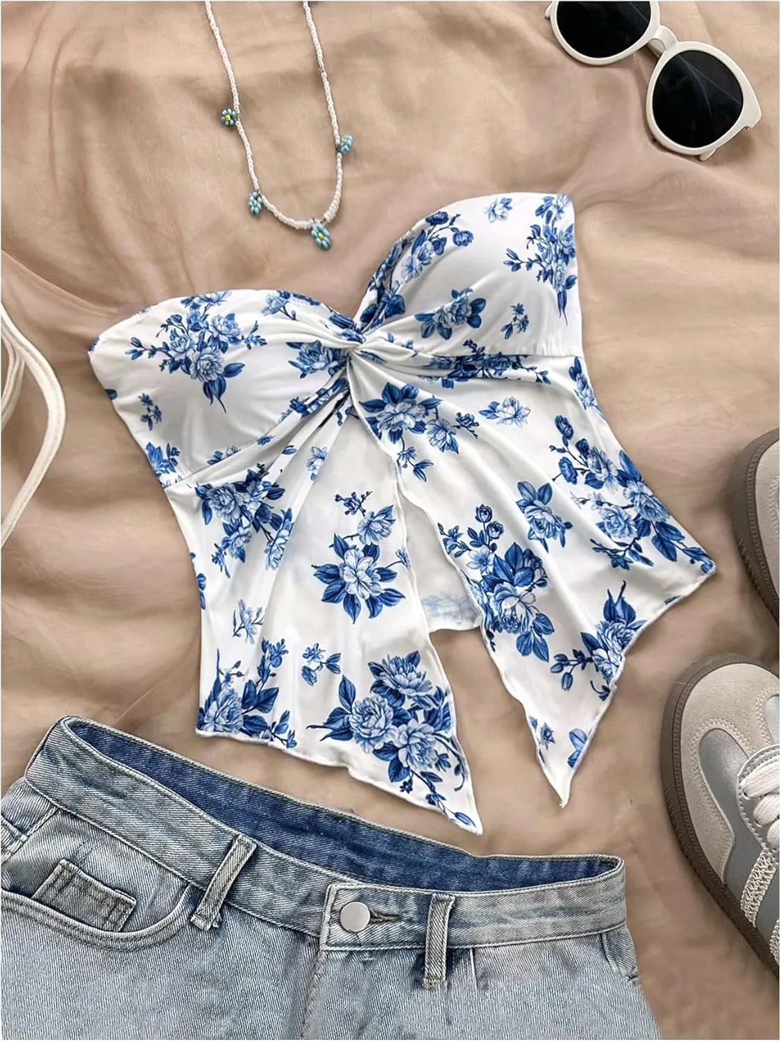 SOLY HUX Women's Floral Print Twist Split Tube Crop Top Strapless Sleeveless Asymmetrical Hem Vacation Tops