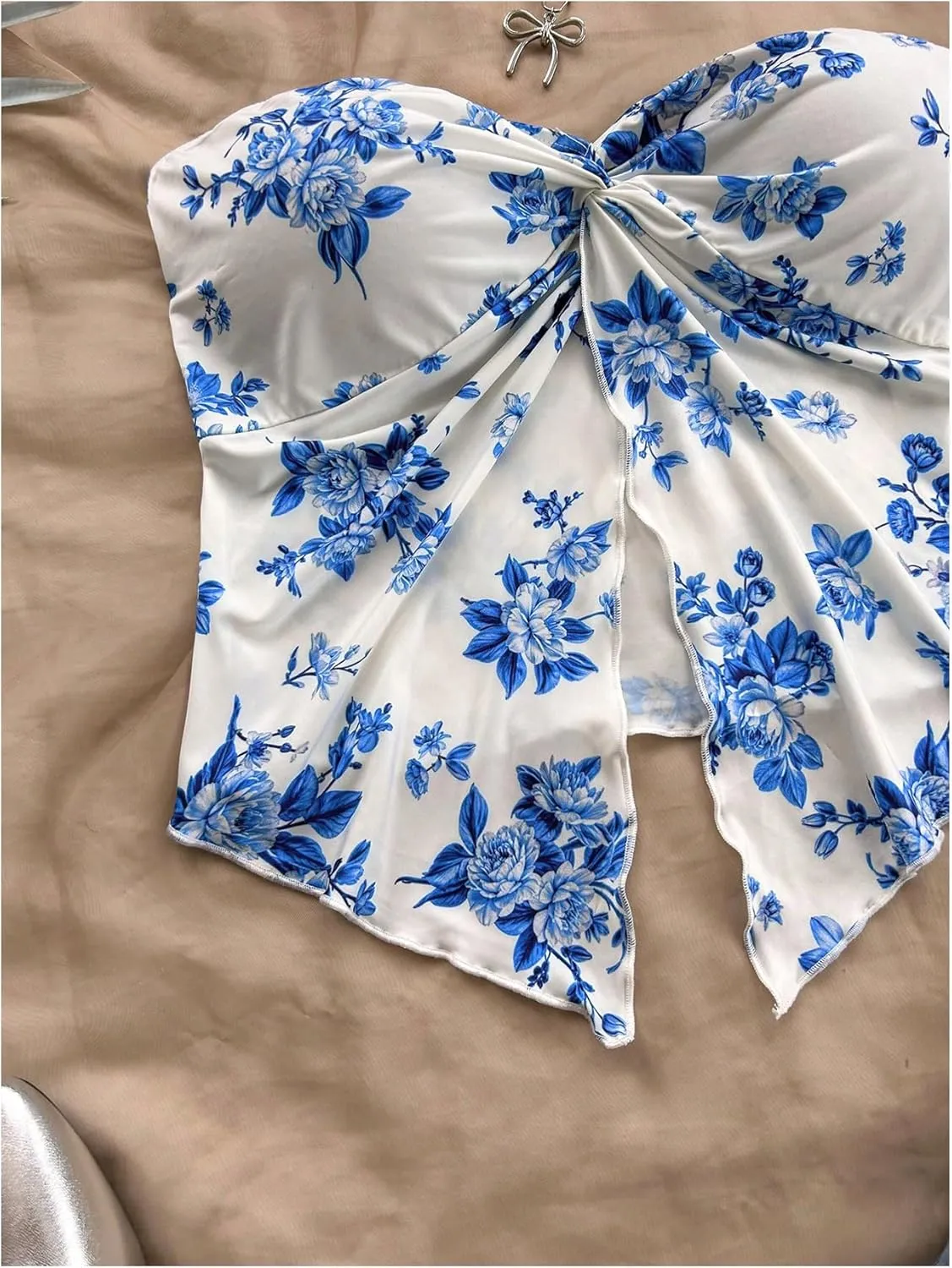 SOLY HUX Women's Floral Print Twist Split Tube Crop Top Strapless Sleeveless Asymmetrical Hem Vacation Tops