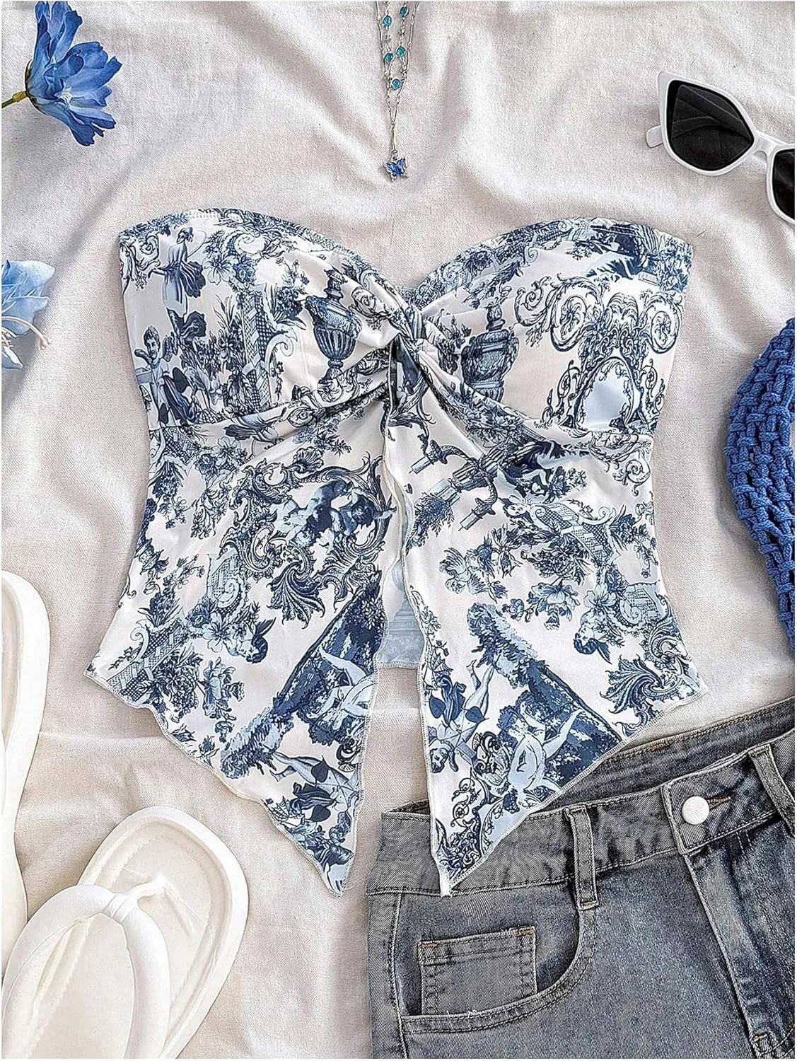 SOLY HUX Women's Floral Print Twist Split Tube Crop Top Strapless Sleeveless Asymmetrical Hem Vacation Tops