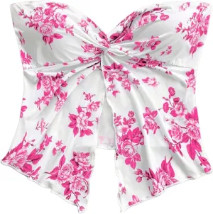 SOLY HUX Women's Floral Print Twist Split Tube Crop Top Strapless Sleeveless Asymmetrical Hem Vacation Tops