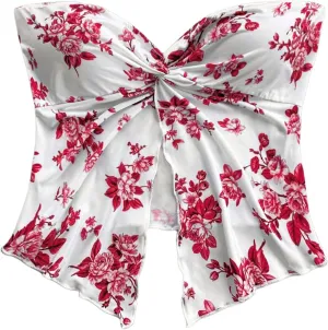 SOLY HUX Women's Floral Print Twist Split Tube Crop Top Strapless Sleeveless Asymmetrical Hem Vacation Tops