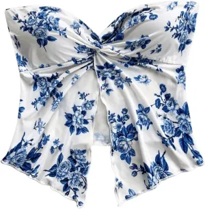 SOLY HUX Women's Floral Print Twist Split Tube Crop Top Strapless Sleeveless Asymmetrical Hem Vacation Tops