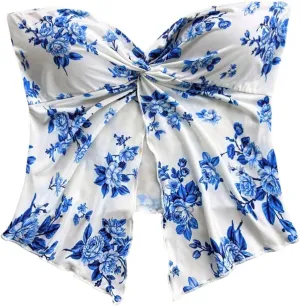 SOLY HUX Women's Floral Print Twist Split Tube Crop Top Strapless Sleeveless Asymmetrical Hem Vacation Tops