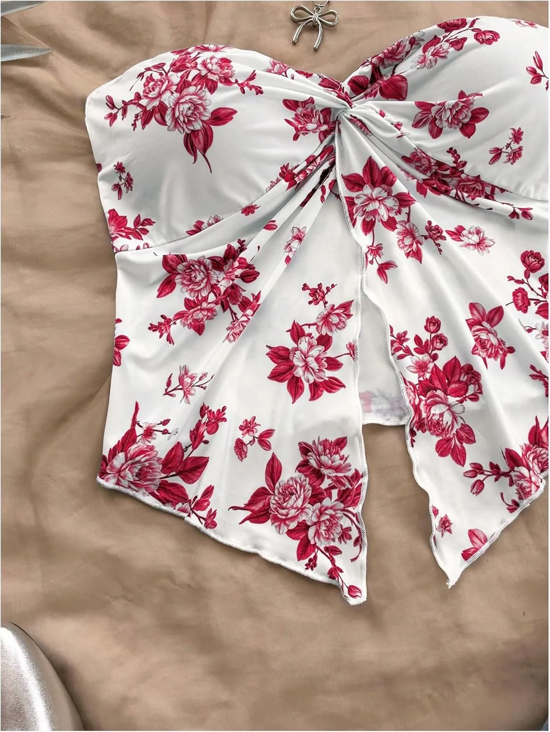 SOLY HUX Women's Floral Print Twist Split Tube Crop Top Strapless Sleeveless Asymmetrical Hem Vacation Tops