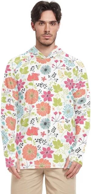 Spring Colorful Flowers Sun Protection Hoodies Long Sleeve UPF 50   Mens Sun Shirts Quick Dry Rash Guard UV Shirts Adult Rash Guards camisas con gorro para hombres para trabajar