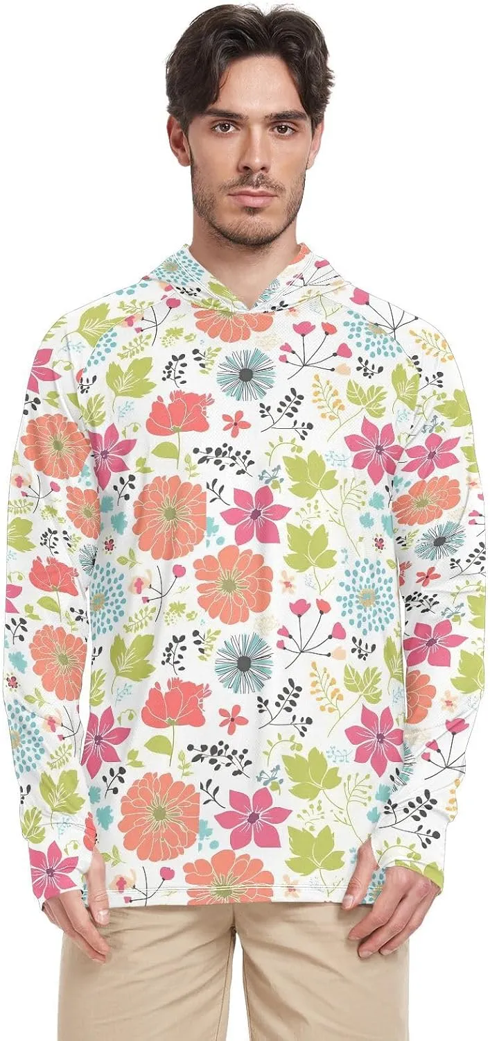 Spring Colorful Flowers Sun Protection Hoodies Long Sleeve UPF 50   Mens Sun Shirts Quick Dry Rash Guard UV Shirts Adult Rash Guards camisas con gorro para hombres para trabajar