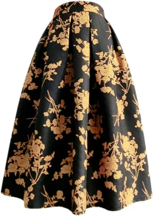 Spring Summer Korean Vintage Women Pink Tulip Floral Print High Waist Pleated Midi Skirt