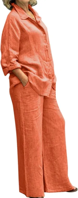 Summer 2 Piece Sets Women Cotton Linen Button Down Shirt and Wide Leg Pants Outfits Casual Comfy Beach Suit Plus Size