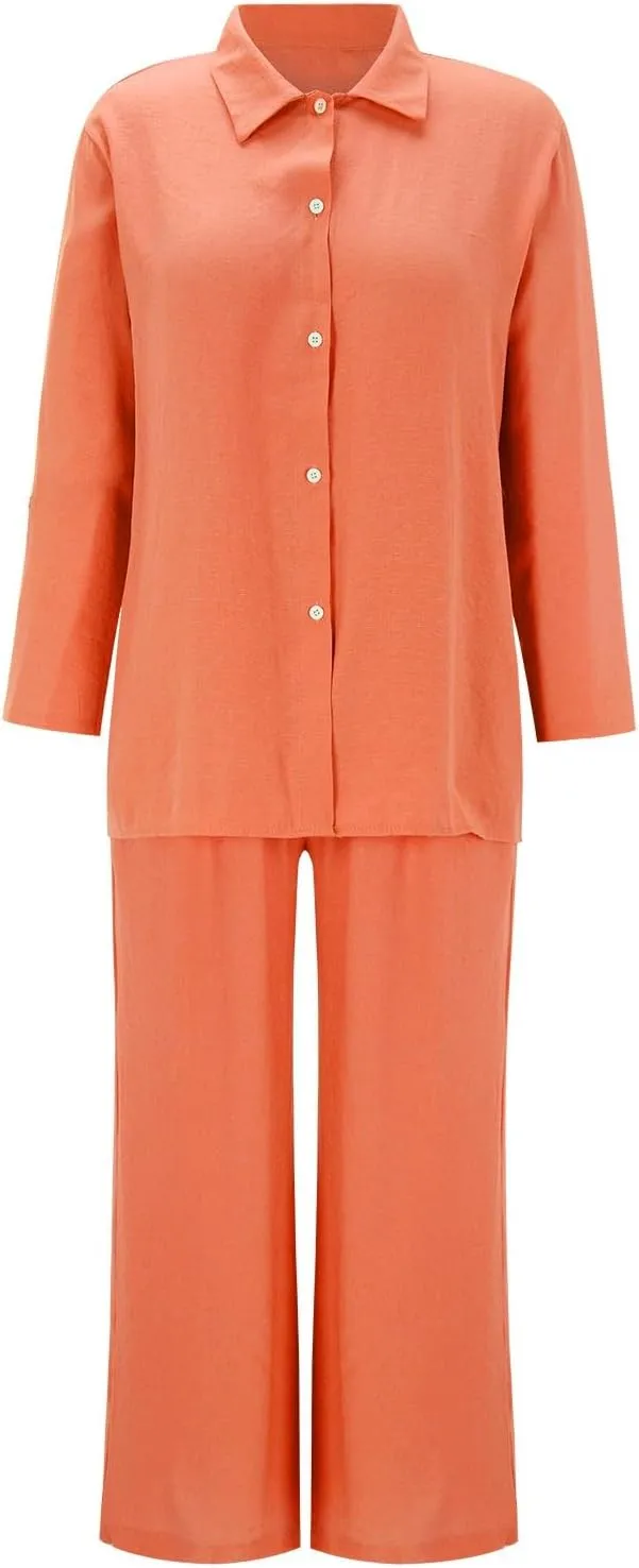 Summer 2 Piece Sets Women Cotton Linen Button Down Shirt and Wide Leg Pants Outfits Casual Comfy Beach Suit Plus Size
