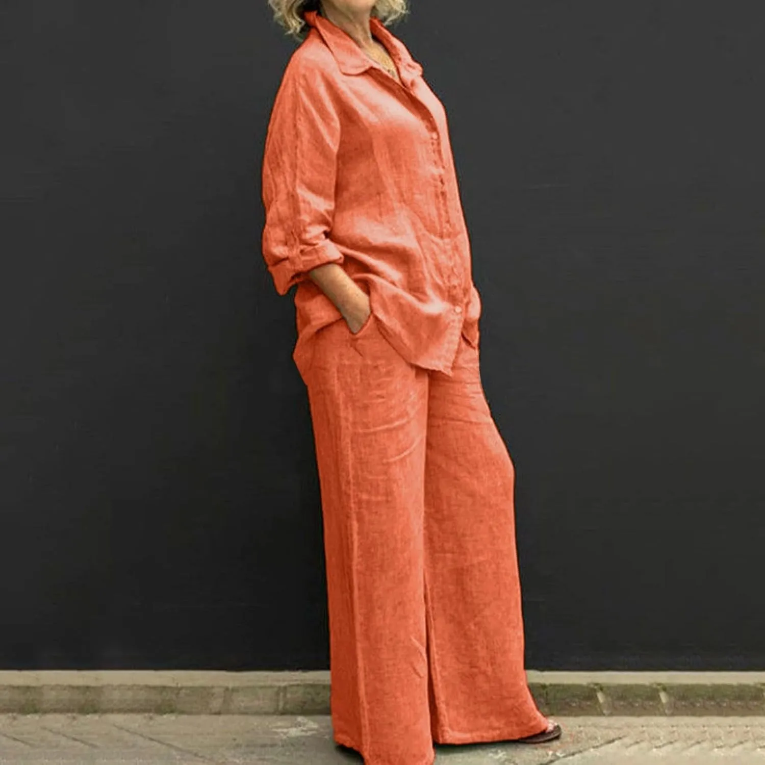 Summer 2 Piece Sets Women Cotton Linen Button Down Shirt and Wide Leg Pants Outfits Casual Comfy Beach Suit Plus Size