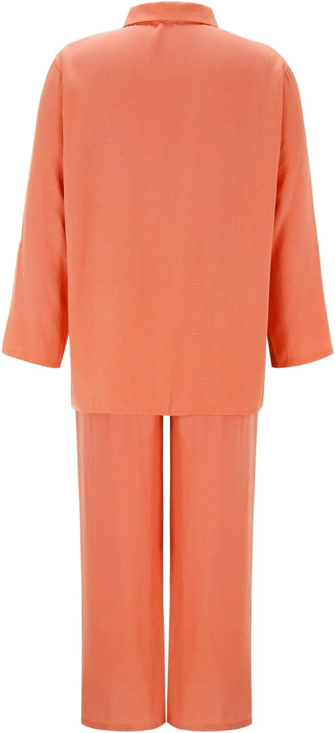 Summer 2 Piece Sets Women Cotton Linen Button Down Shirt and Wide Leg Pants Outfits Casual Comfy Beach Suit Plus Size