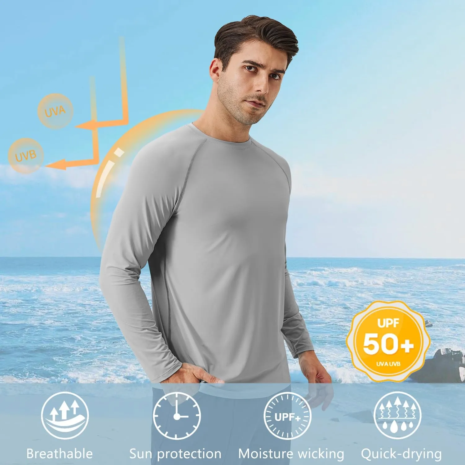 Sun Protection Shirts for Men UPF 50  Long Sleeve Rash Guard T-Shirt for Swimming Running Workout Hiking