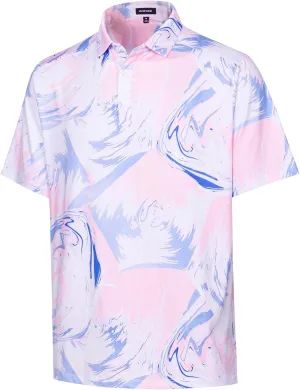 SURF CUZ Golf Shirt Moisture Wicking for Men Dry Fit Polo Shirts Short Sleeve Print Performance 4-Way Stretch