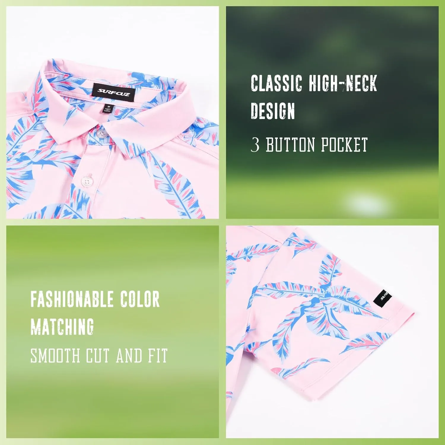 SURF CUZ Golf Shirt Moisture Wicking for Men Dry Fit Polo Shirts Short Sleeve Print Performance 4-Way Stretch