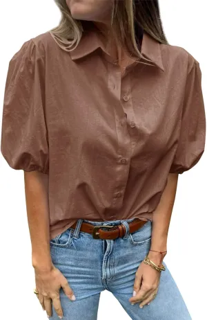 Tankaneo Women's Button Down Shirts Short Puff Sleeve Collared Dressy Casual Blouse Tops