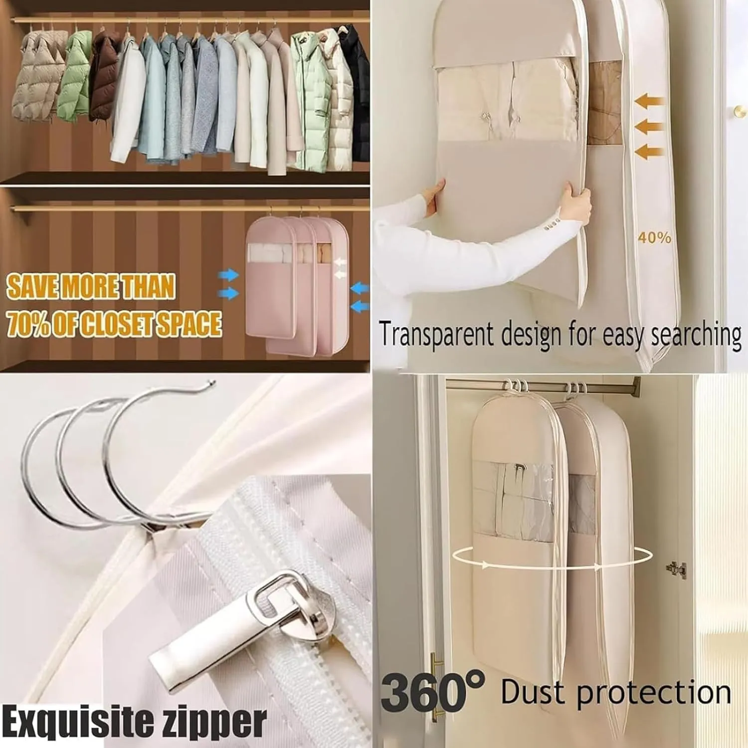 Taprinferior Hanging Garment Bag, Space-Saving Clothes Storage, Water-Resistant, Wrinkle Design for Suits, Dresses, Travel & Closet Organization (Gray, L)
