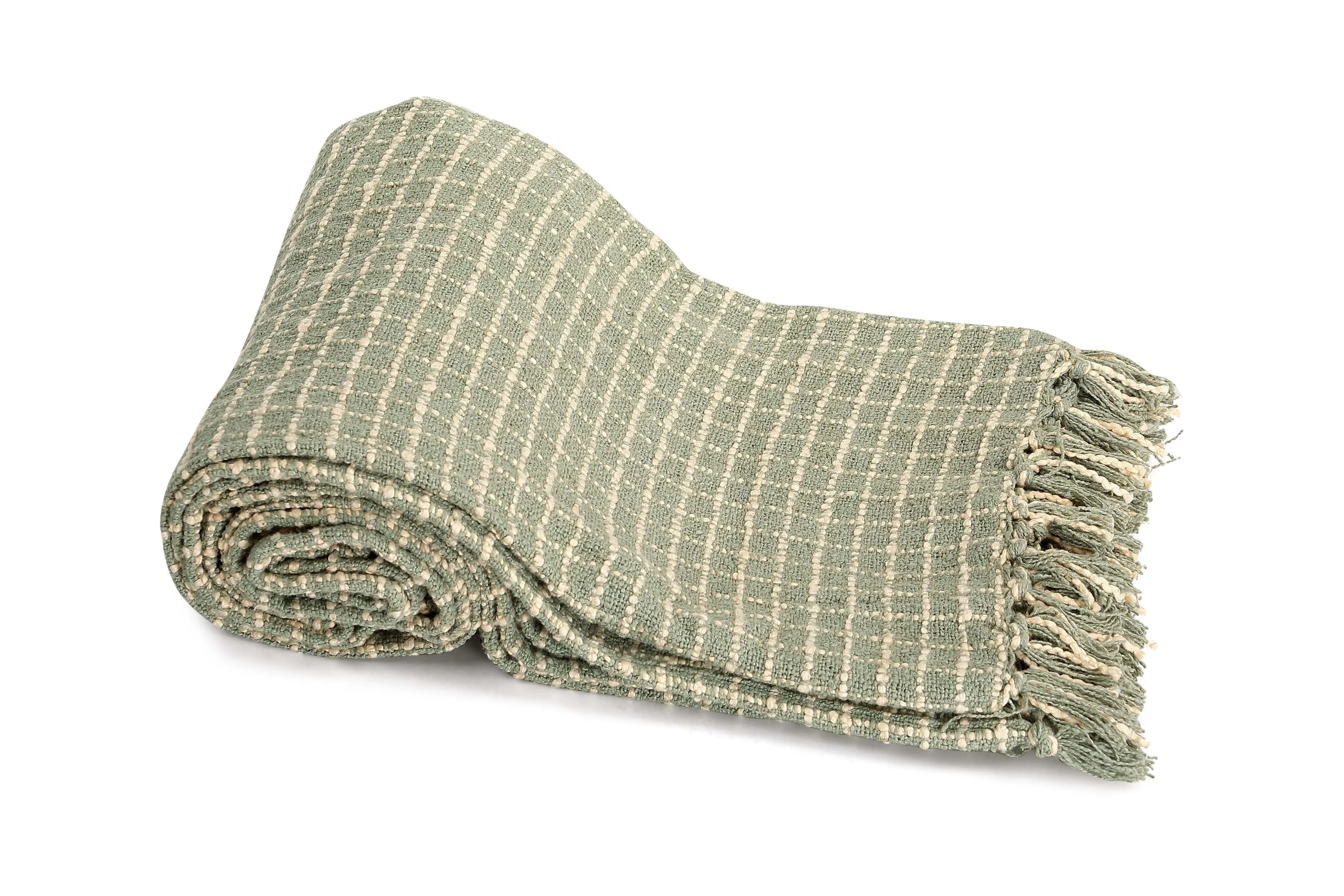 Throw Blanket - Cotton Boucle Small Checkered | Sage Ivory 52in x 68in