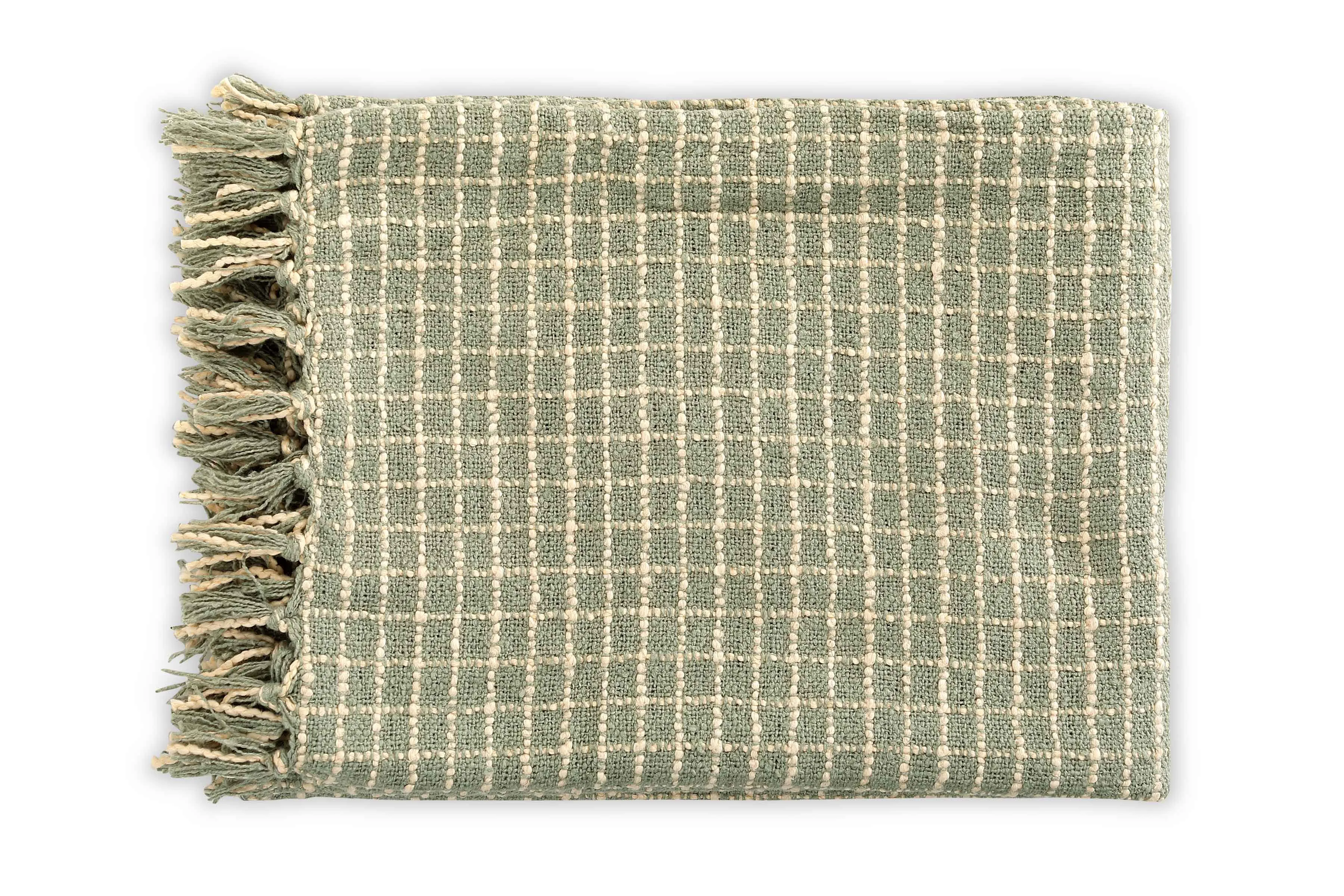 Throw Blanket - Cotton Boucle Small Checkered | Sage Ivory 52in x 68in