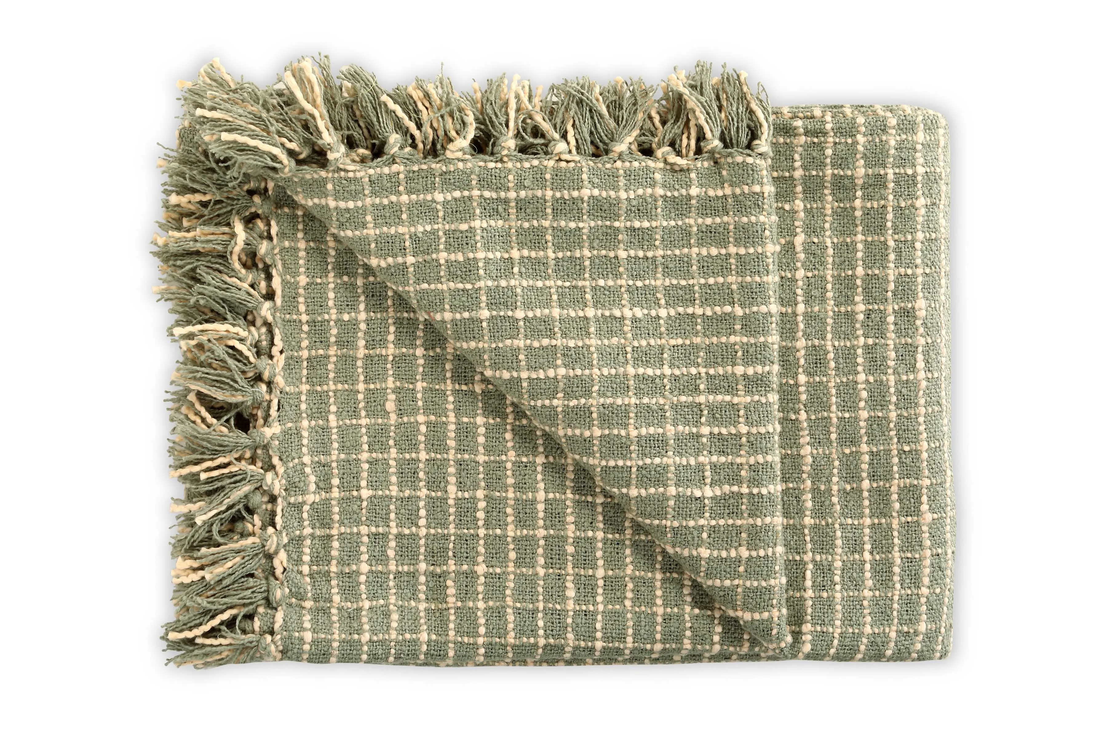 Throw Blanket - Cotton Boucle Small Checkered | Sage Ivory 52in x 68in
