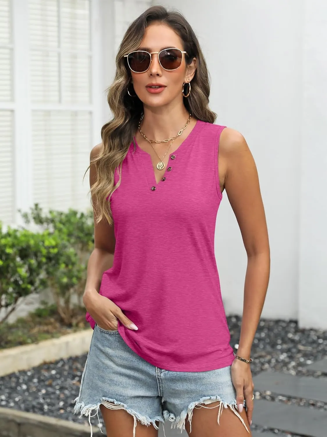 TICTICMIMI Women's V Neck Sleeveless Shirts Summer Button Tank Tops